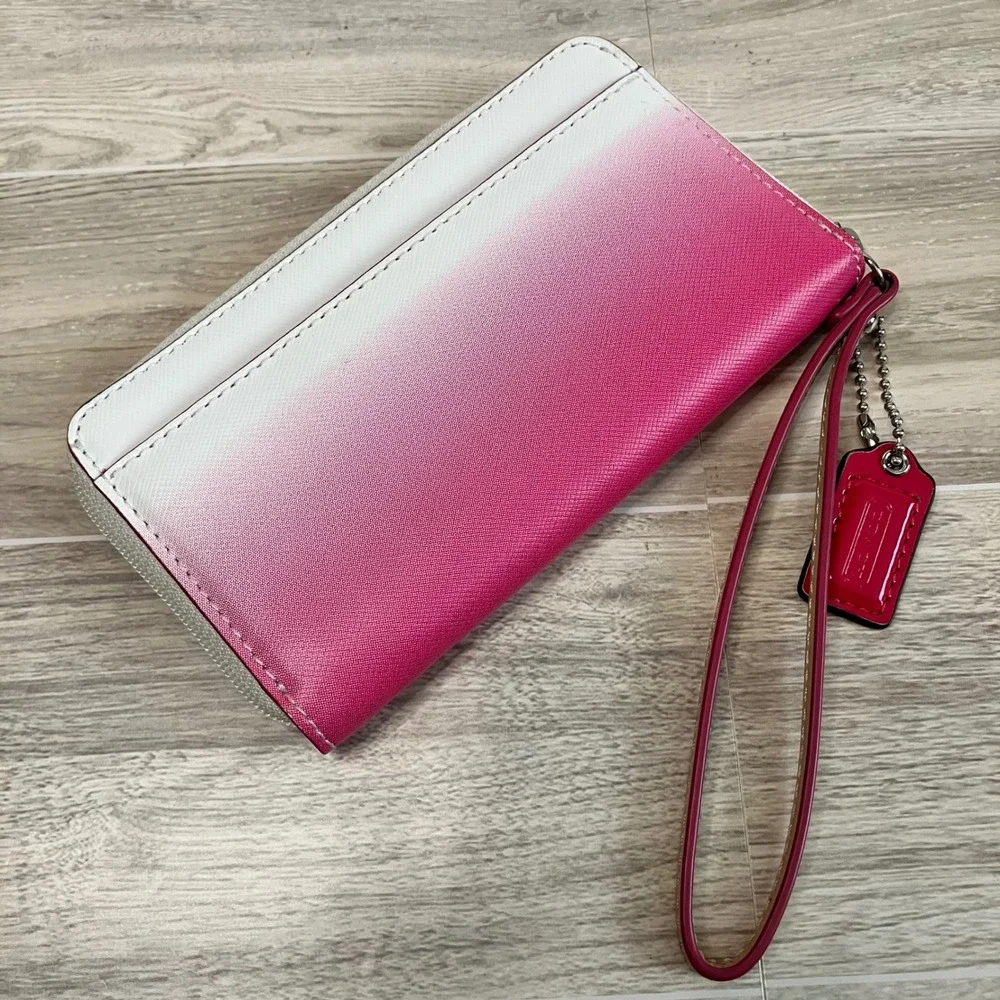 COACH Ombre Saffiano Leather Wristlet Zip Around Wallet Pink White Gradient